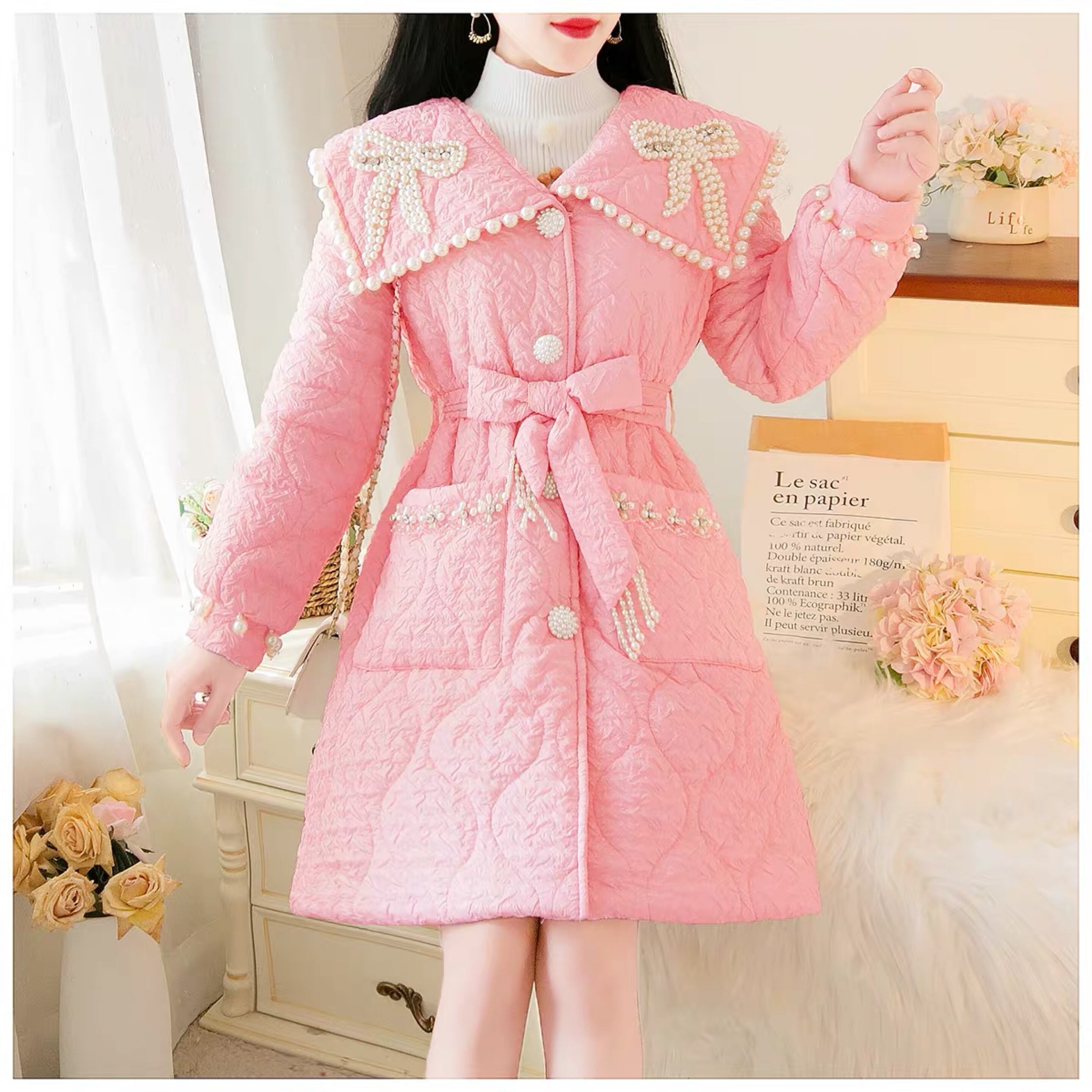 2カラー】ファー ピンク ホワイト 白 リボン パール リボン ベルト