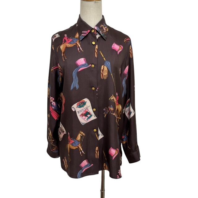 中古 バーバリーズ バーバリー Burberrys シルクブラウス クリーニング済み 総柄 馬 90s レディース サイズ9
