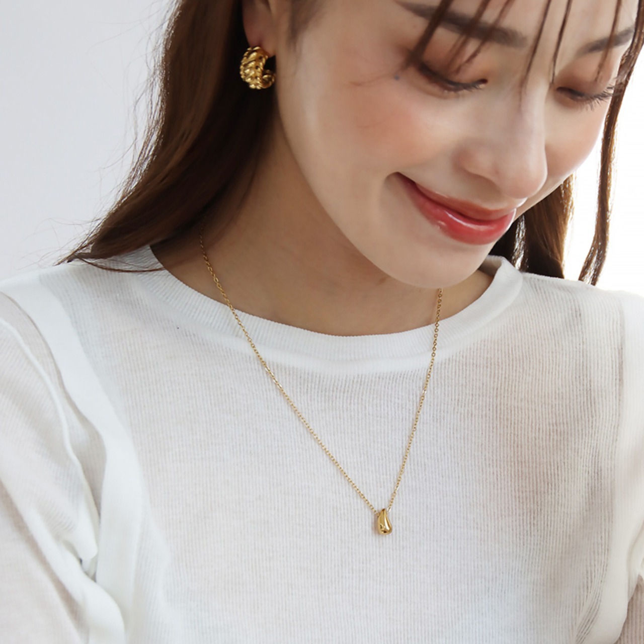 【ネコポス便送料無料】ネックレス ドロップモチーフネックレス 18K 金属アレルギー サージカルステンレス　2177