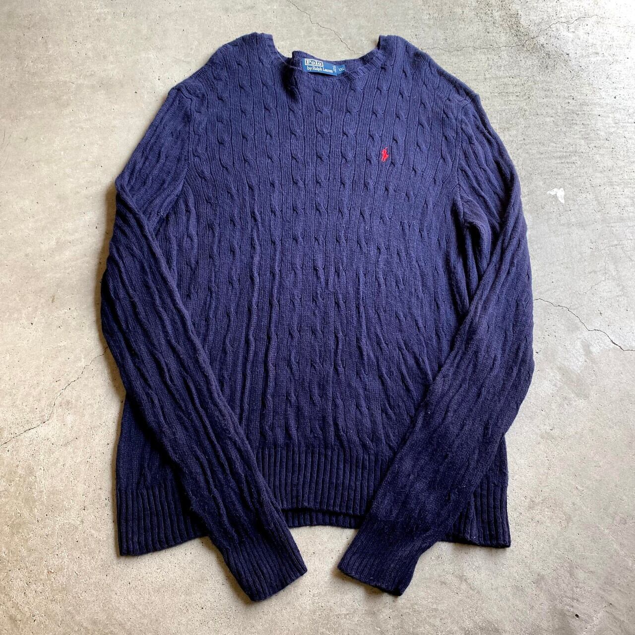 ビッグサイズ Polo by Ralph Lauren ポロ ラルフローレン ケーブル シルクニットセーター メンズXXL 古着 ワンポイント刺繍  クルーネック ネイビー 紺色【ニットセーター】【AL2110】 | cave 古着屋【公式】古着通販サイト