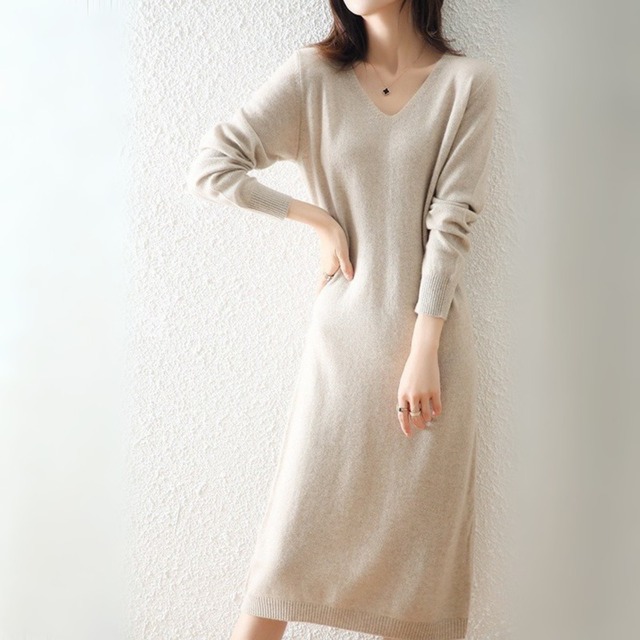 V neck elegant slim long knit dress ( 5color )