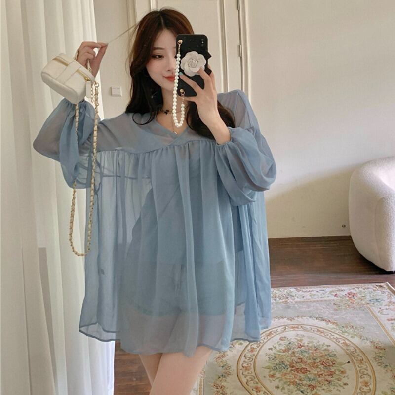 スタイルブラウス Vネックルーズシフォンシャツ レディース ロング ハンチェンe33901820274