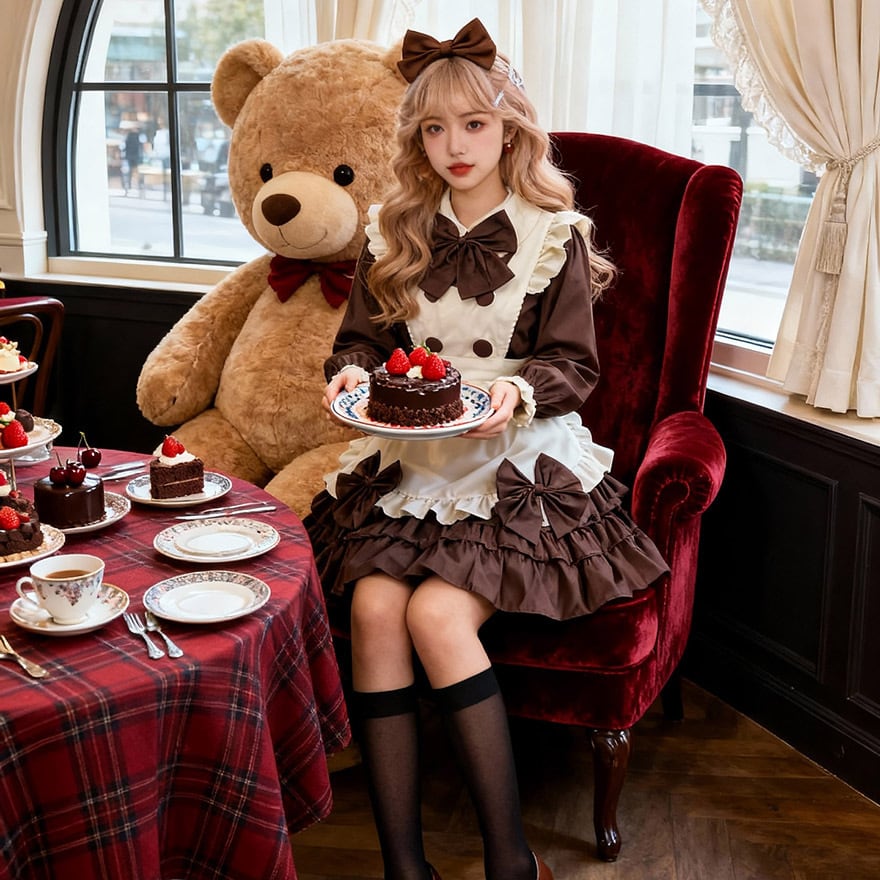 甘ロリ コスチューム メイドカフェ 4点セット チョコカラー｜WithU
