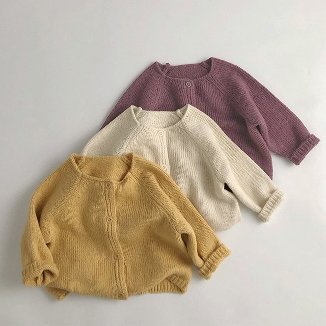 【BABY&KID】春新作　無地ニット編みラウンドネックカーディガン