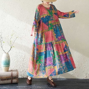 PATCHWORK PRINT BOAT NECK A-LINE LONG PULLOVER DRESS 1color M-16040