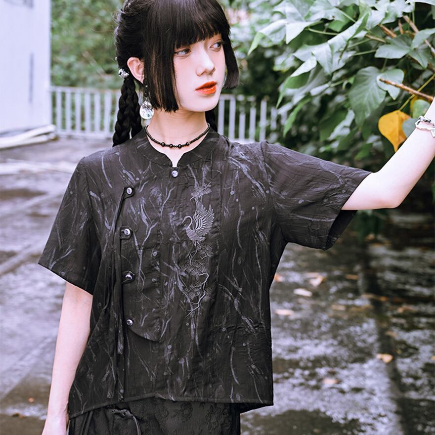 チャイナ風 中華服 古怪舎 半袖 シャツ 刺繍 中華ボタン 中華系ファッション 30代ファッション夏服