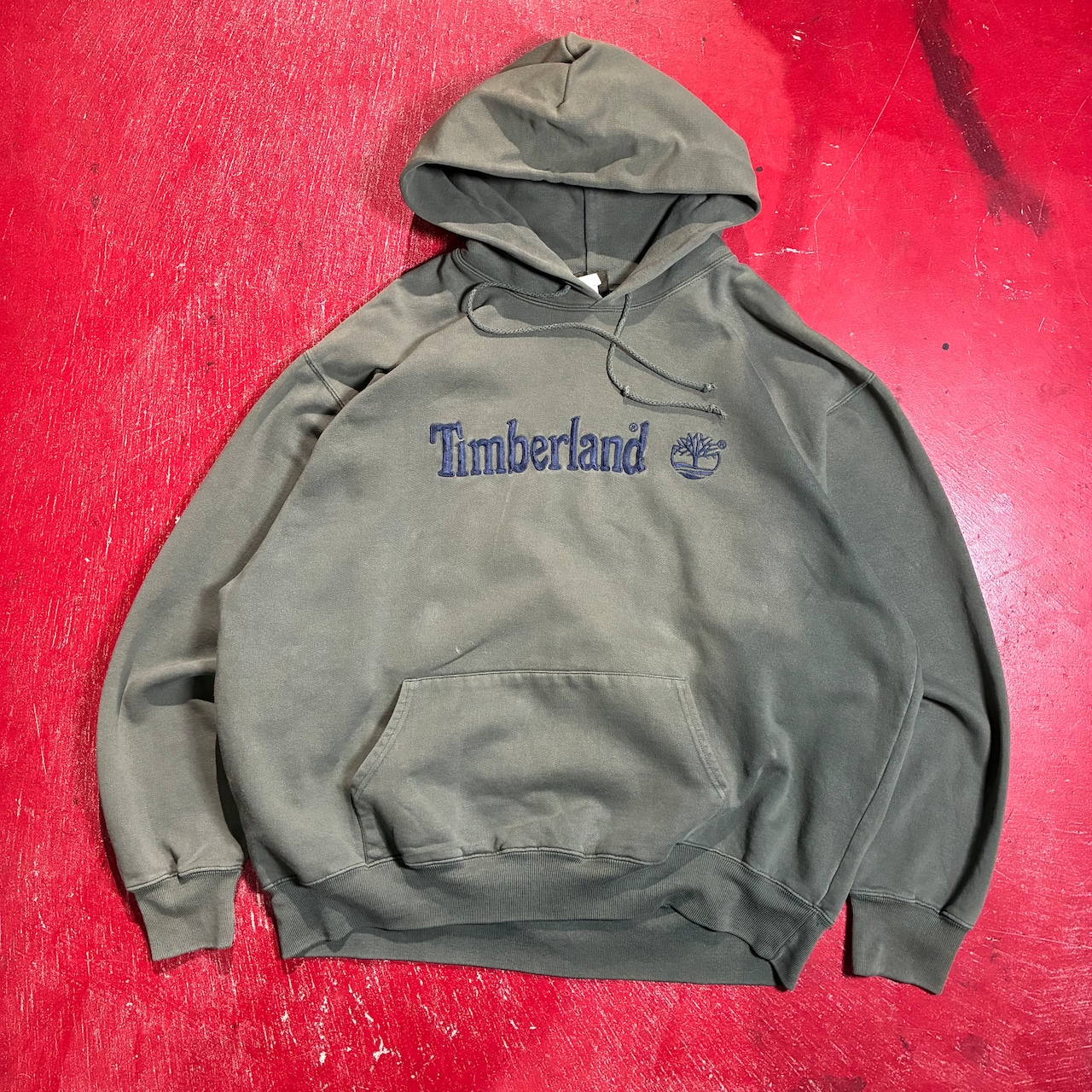 90s Timberland プルオーバーフーディー カーキ 刺繍ロゴ オールドティンバー