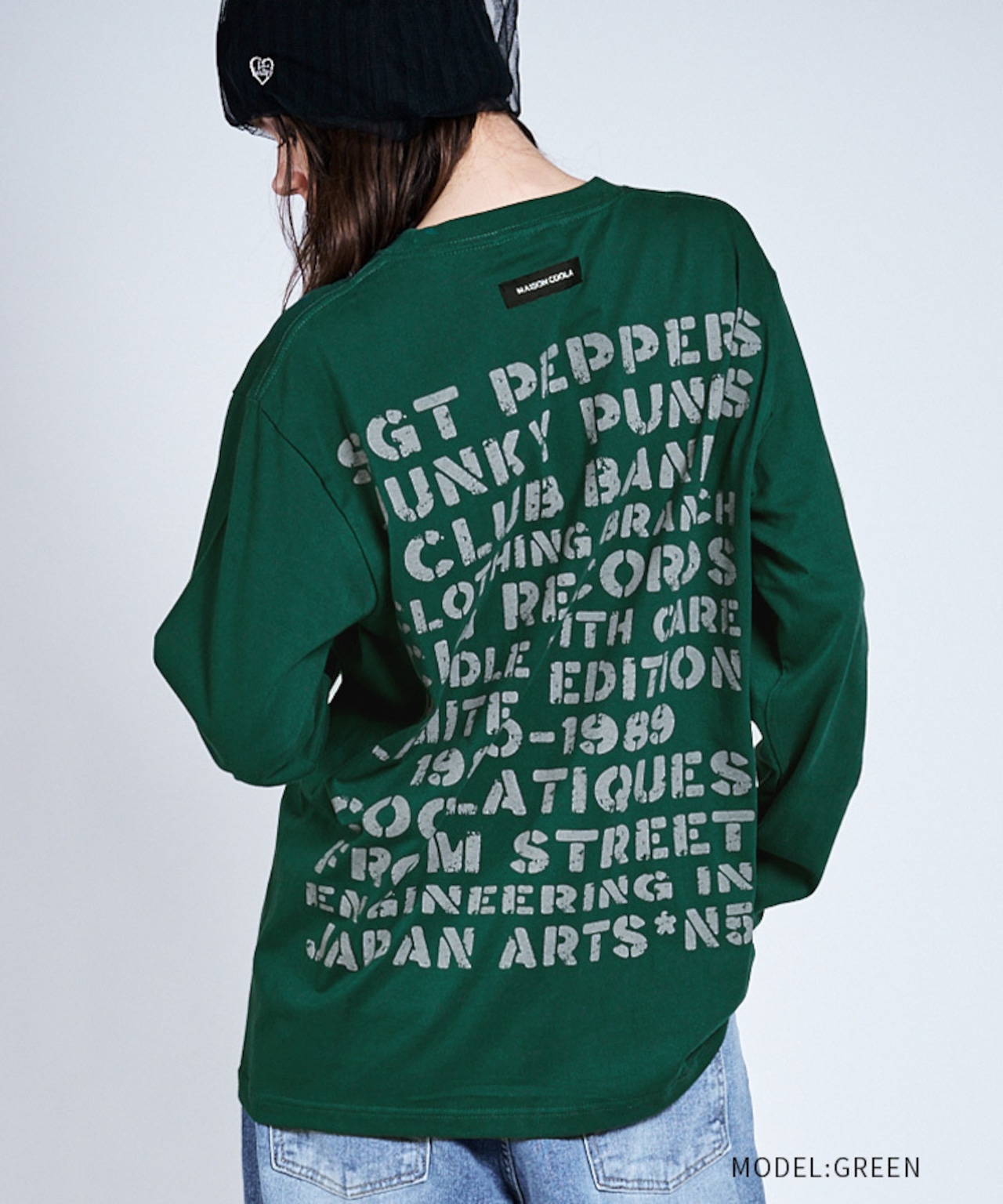 COOLAメッセージプリントルーズロングスリーブTシャツ (GREEN) CQ-47010