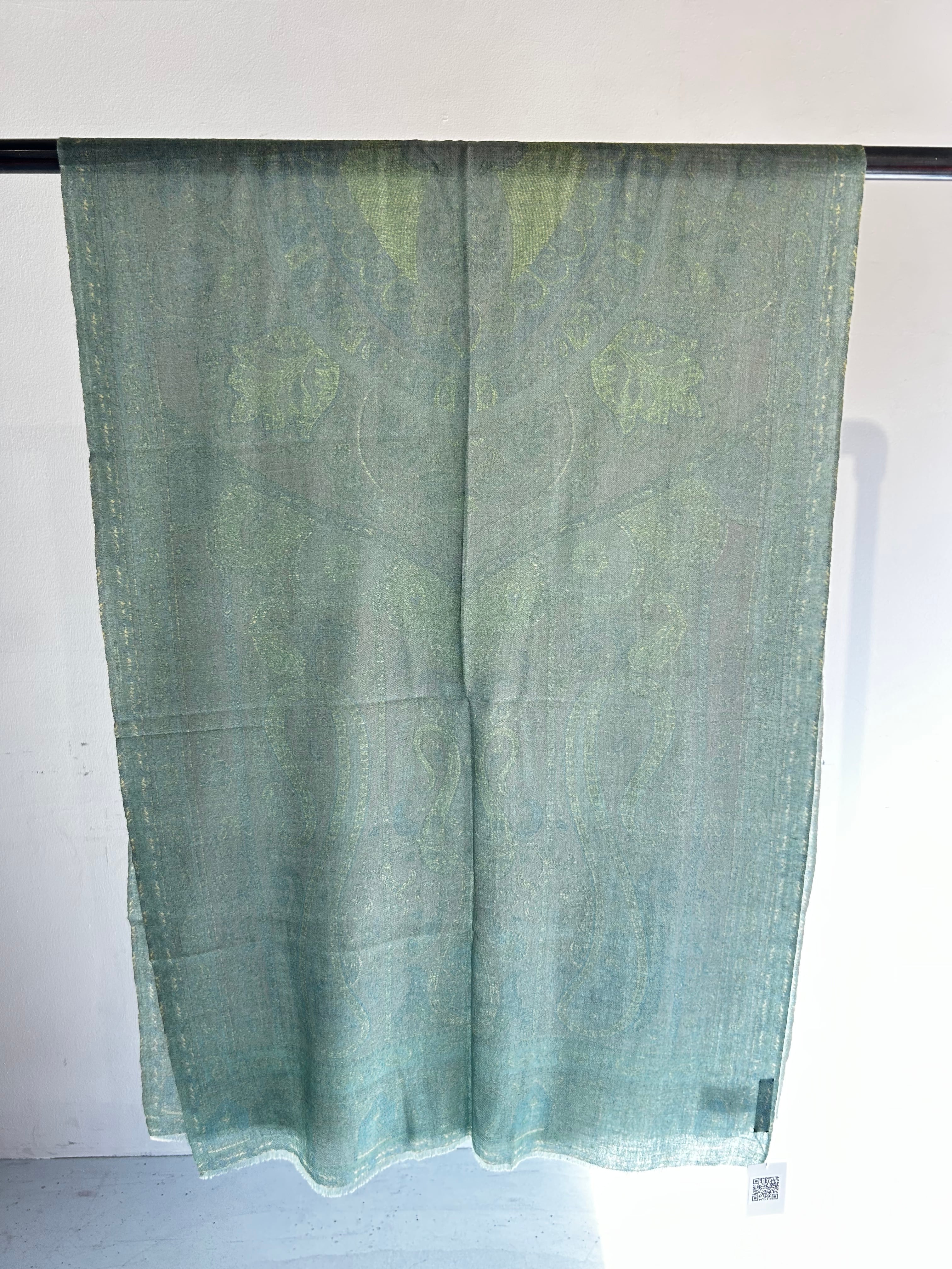 Okazaki - オカザキ/エメラルドグリーン カシミヤ100%プリントストール