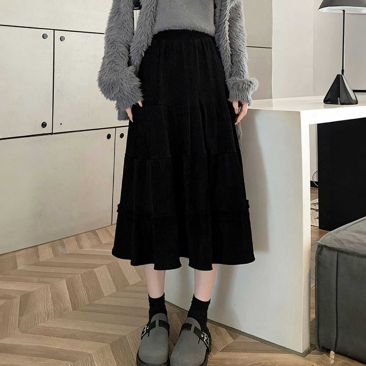 ティアード スカート コーデュロイ Aライン レディース 春秋冬 韓国 ロングスカート きれいめ 大人 かわいい おしゃれ シンプル ハイウエスト ミモレ丈 ウエストゴム 大人可愛い 大人女子