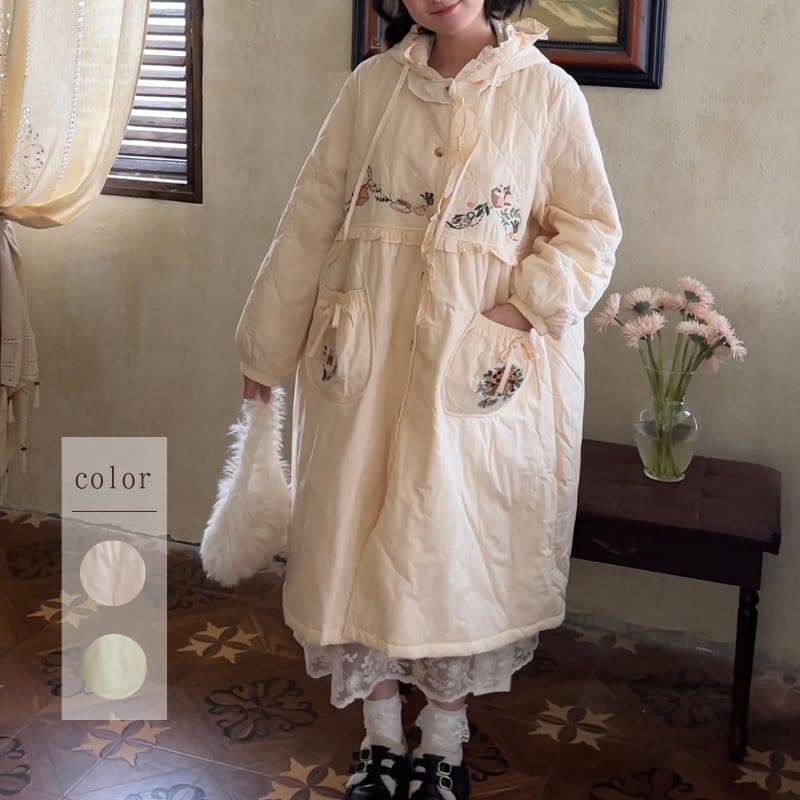 フリルフード付き刺繍ロングジャケット W1621