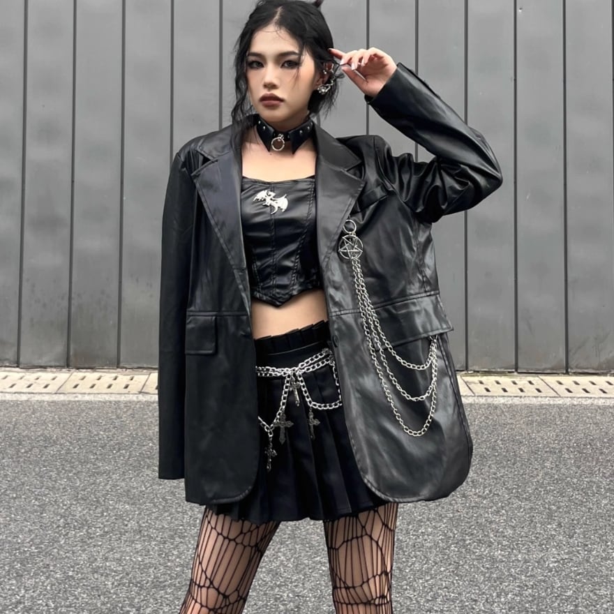 ゴスロリ通販 With U サブカルブランド Miub ジャケット PUレザー チェーン ストリート系 ゴシック 病み可愛い 地雷服 量産型