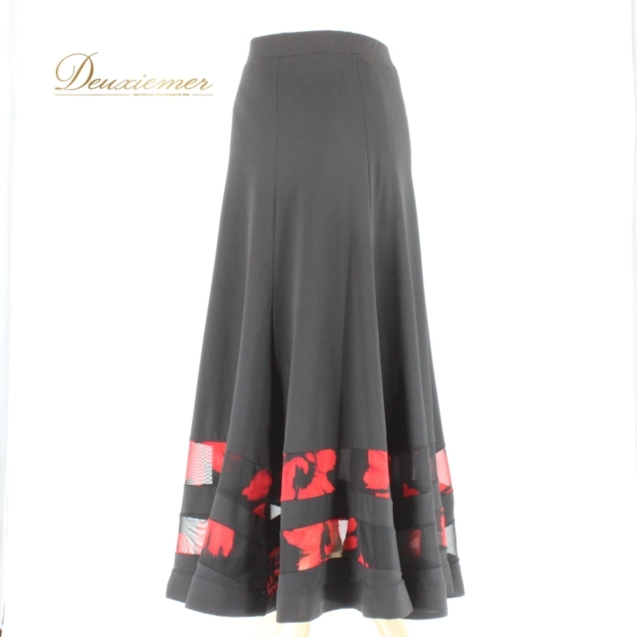 社交ダンス 衣装 スタンダード スカート レッスンウェア レディース 練習着 ACROSS 花柄 ブラック系 レッド系 黒 赤 バイカラー 派手 フレアスカート 薄手 ボリューム感 おしゃれ 花柄デザイン 柔らかい 素材 ストレッチ ウエストゴム 練習用 ダンスウェア レッスン服 伸縮性 通気性 上品 カジュアル デイリー プロ仕様 男女兼用 お揃い コーディネート