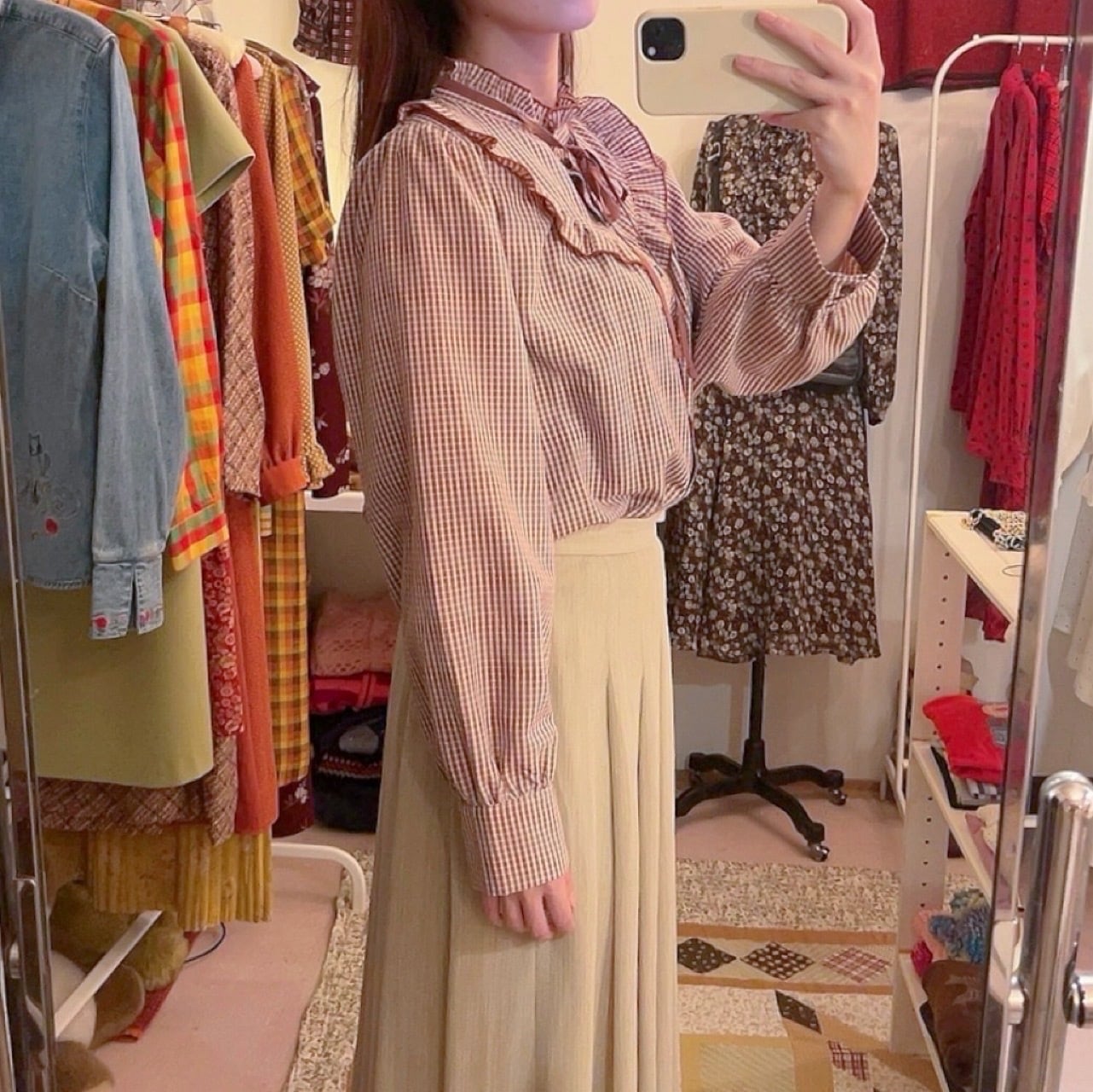 brown gingham check frill ribbon blouse