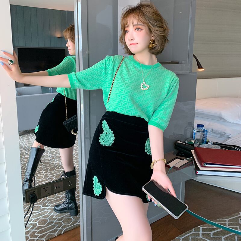 ジャカードラウンドネックプルオーバー ニットTシャツ オータムスタイル 秋物 Oネック MIUCO11575797610