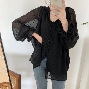 ルーズな水玉模様長袖シフォンのカーディガン 【LOT08】