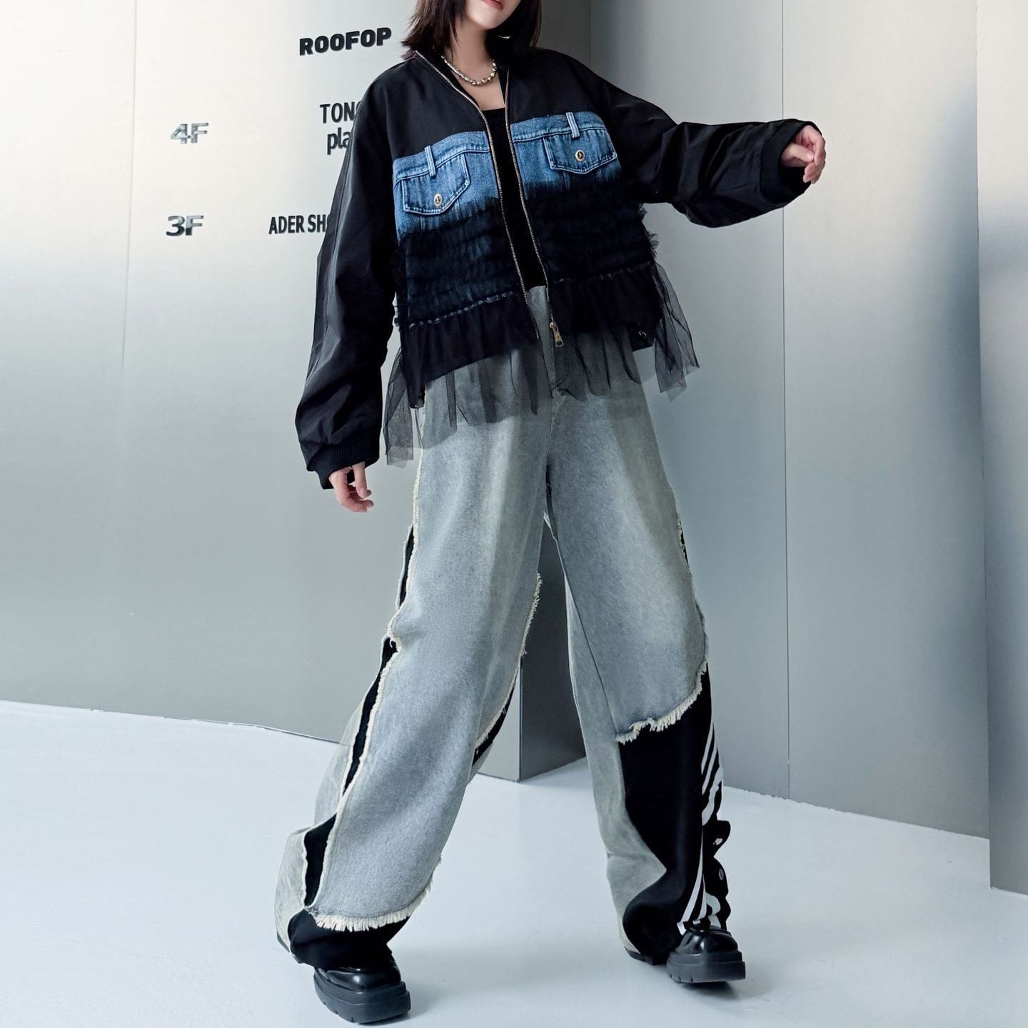 DENIM STITCH ELASTIC WAIST CASUAL DESIGN PANTS 2colors M-15165