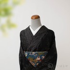 大島紬　黒地に葉影　袷