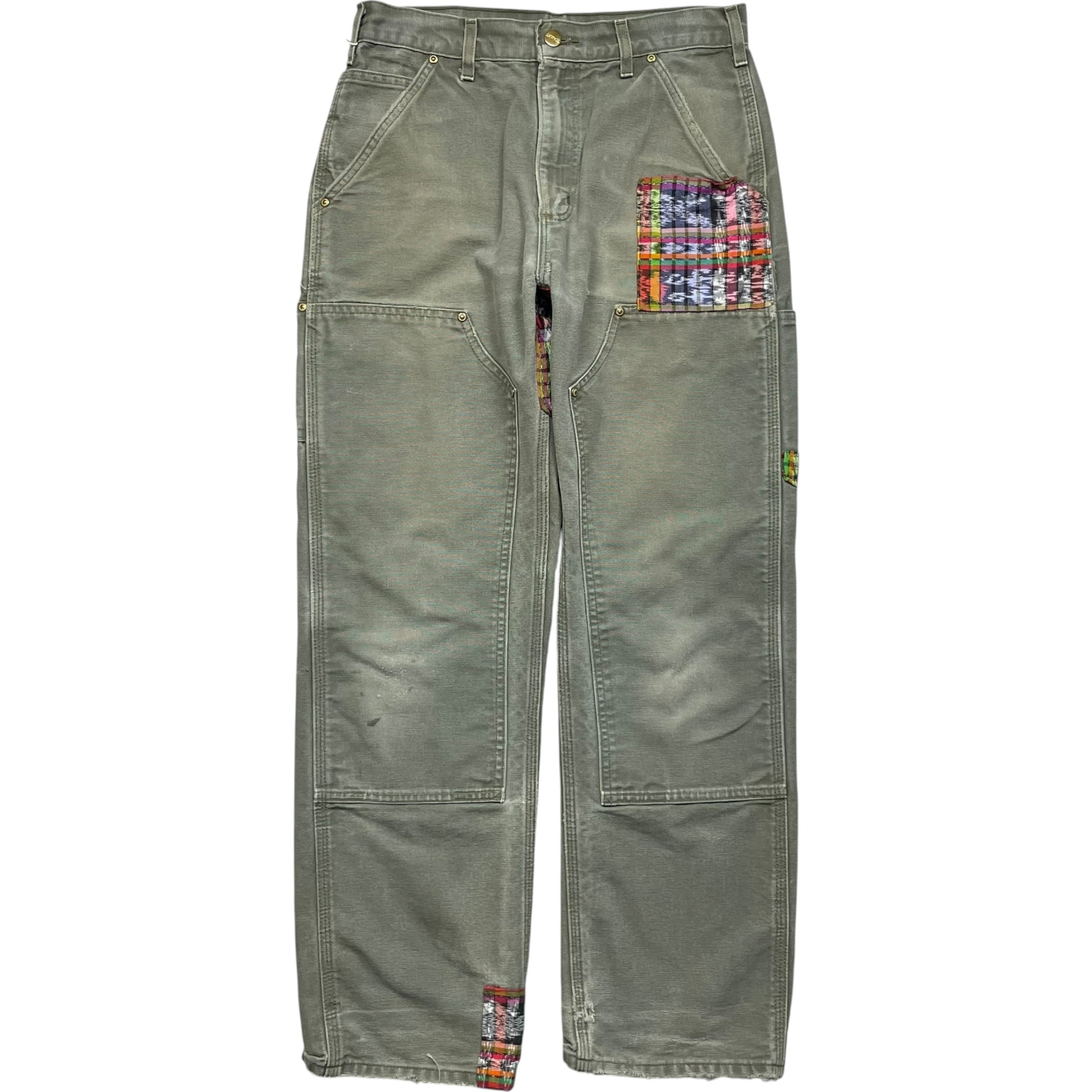 《実寸L31L30》Carhartt カーハート ダブルニー ワークパンツ ペインターパンツ リメイク フェード モスグリーン USA製 no.10347