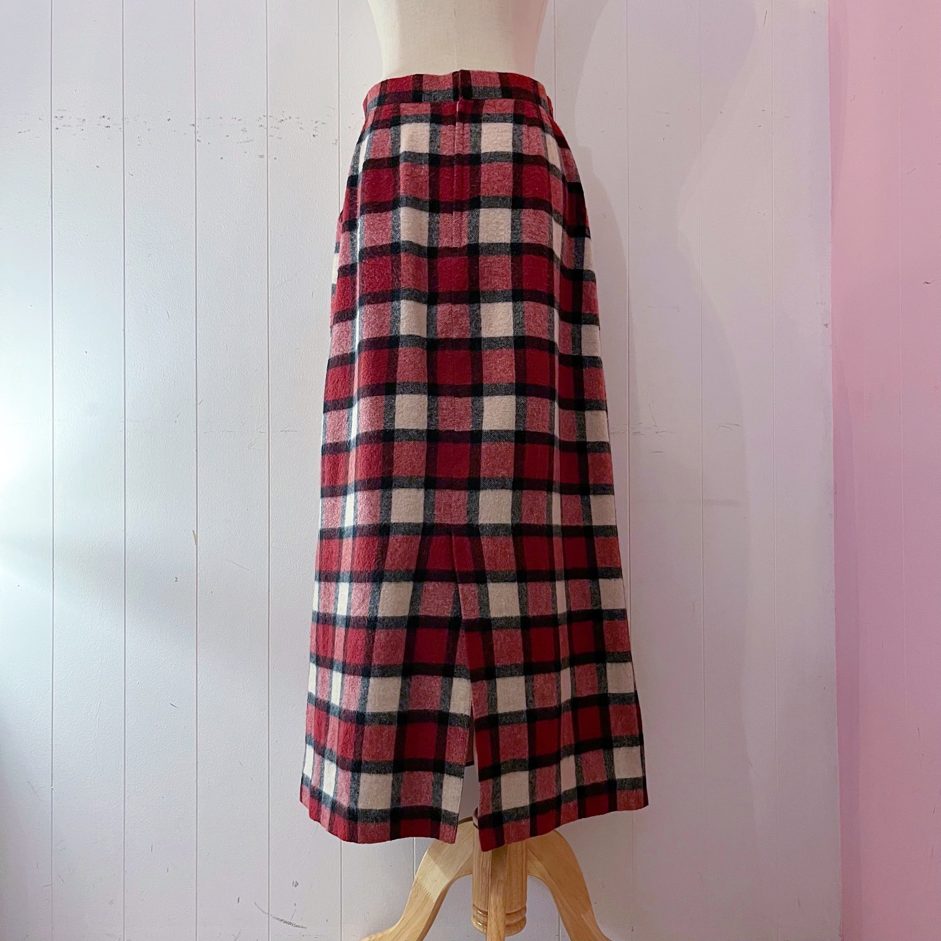 red block check wool long skirt