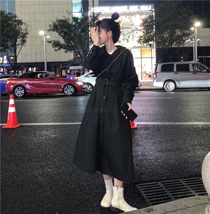 スプリングコート ロングウェストブラックトップス 春物 1号婦人24850372640