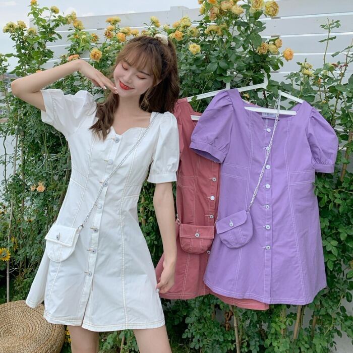 パープルドレスレディース2020新夏スクエアネックバブル半袖デニムスカートトレンディなAラインスカートフリーバッグ 1号婦人18838192140