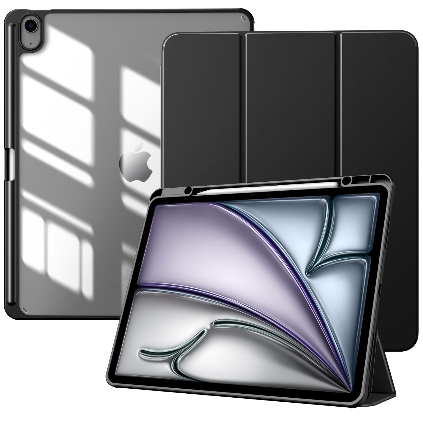 TiMOVO iPad Air 13インチ ケース M4/M3/M2 (2026/2025/2024) 13インチiPad air M4 M3 M2 カバー ペン収納 透明バック PencilProワイヤレス充電対応 PUレザー 三つ折り TPU スタンド オートスリープ機能付き 軽量 アイパッドエアー13 スマートカバー Black
