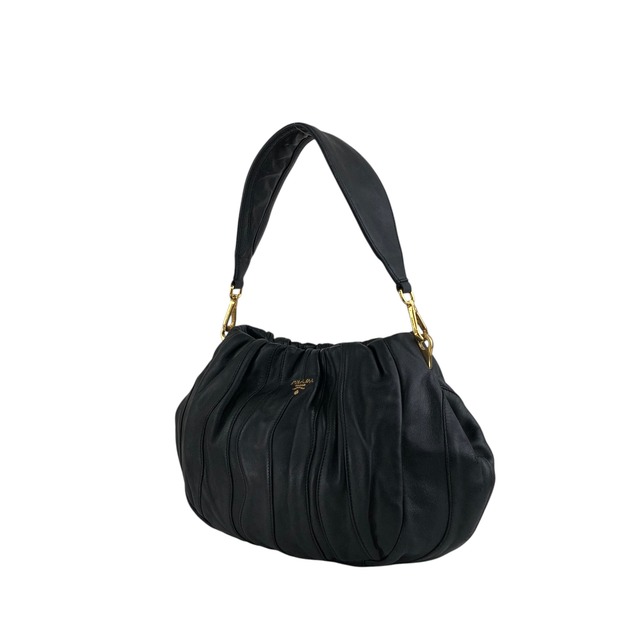 PRADA プラダ ショルダーバッグ ブラック トライアングルロゴ レザー ギャザーセミショルダーバッグ vintage ヴィンテージ オールド 6yixa5