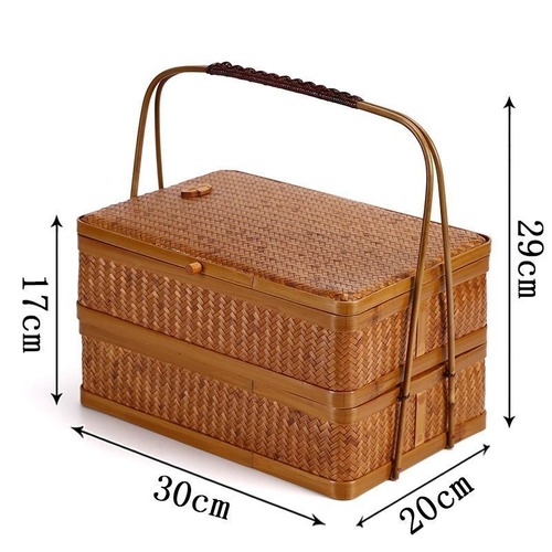 【ハンドル付き】竹かご 2段 バスケット 竹製 蓋付き 家庭用バスケット 収納 ギフトボックス