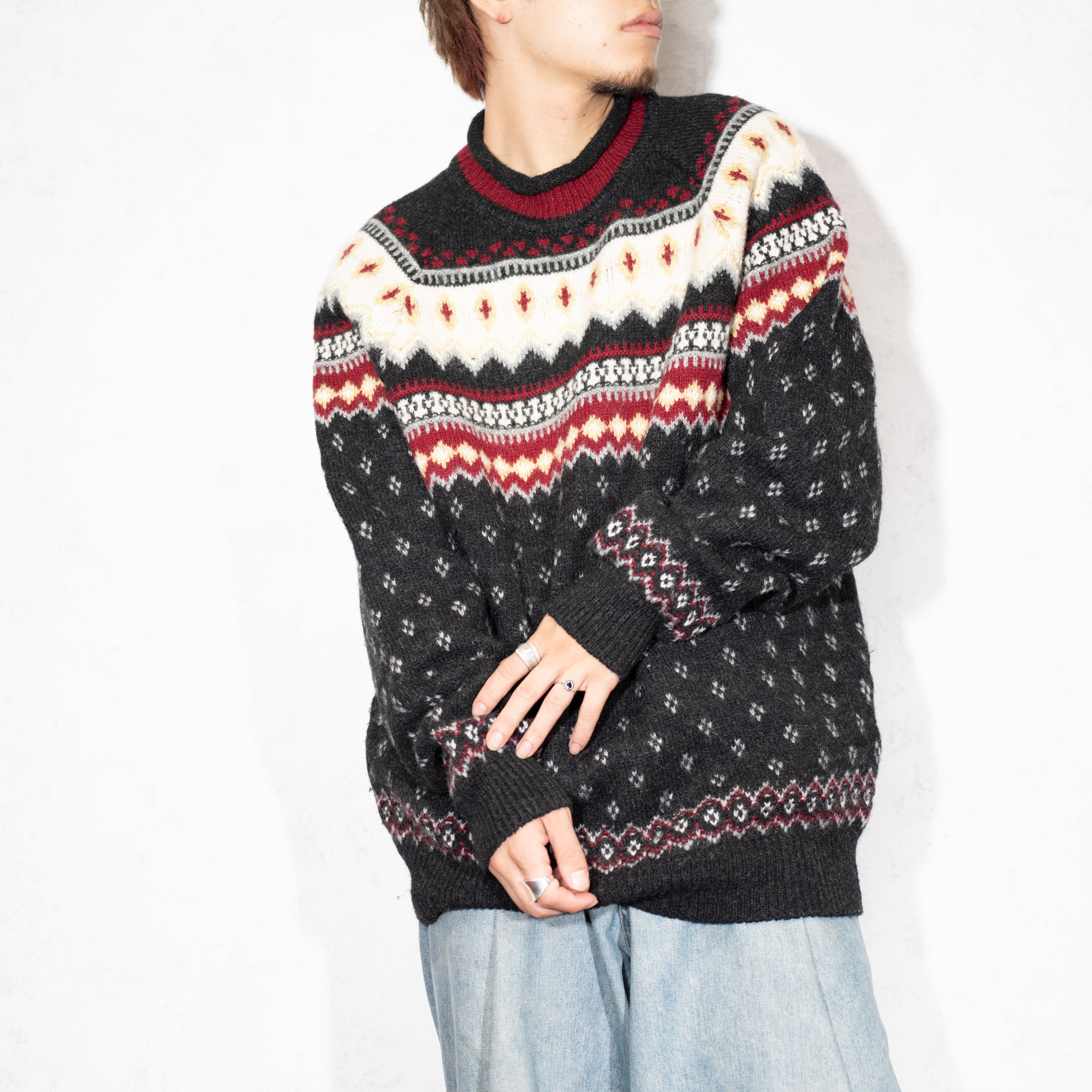 EU VINTAGE DEVOLD RIB NECK DESIGN NORDIC KNIT/ヨーロッパ古着リブ