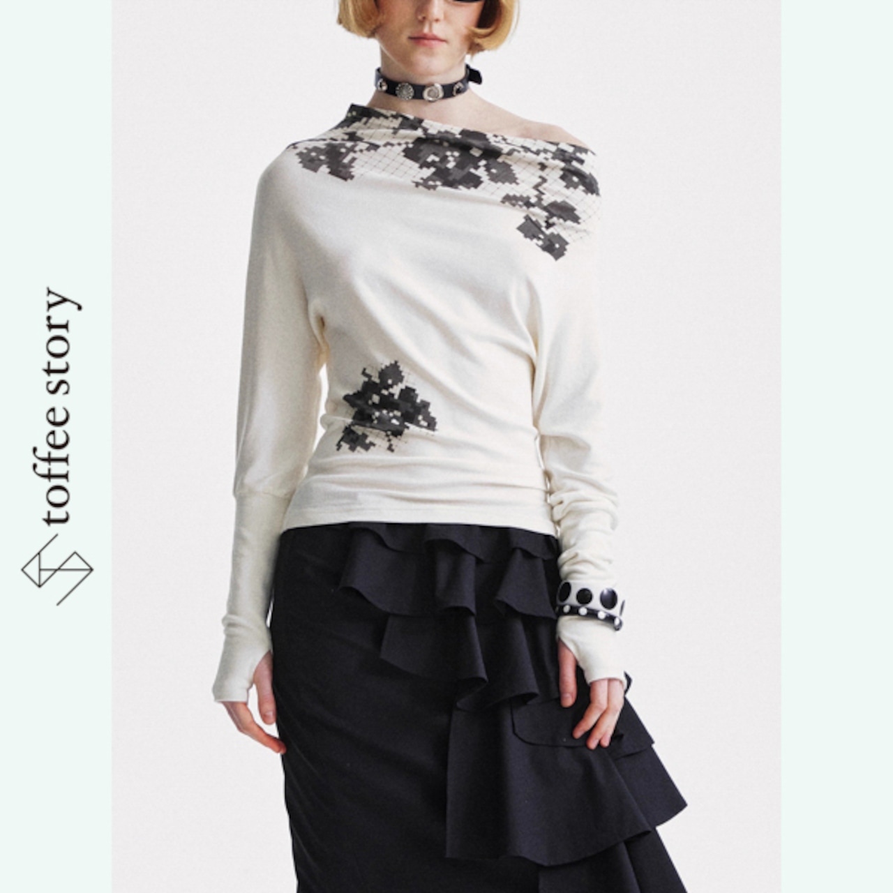 ピクセルフラワーボートネックトップス 《B0020》