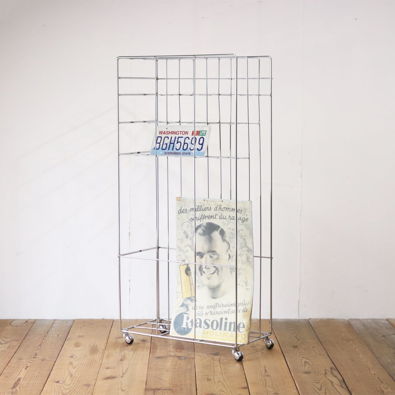 ヴィンテージ ワイヤーラック キャスターワゴン ネットシェルフ ポスター 収納 金属製 店舗什器/PKK27180