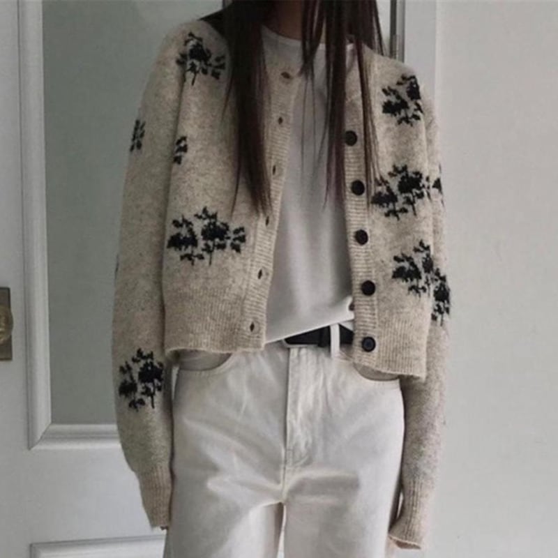 Botanical pattern knit cardigan 2 colors V2726