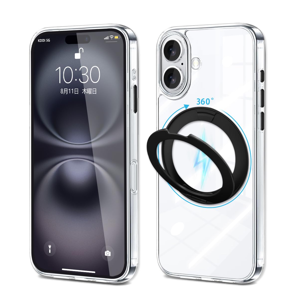 Majiyana For iPhone16用 ケース MagSafe対応 クリア リング360°回転スタンド 縦横両対応-ブラック