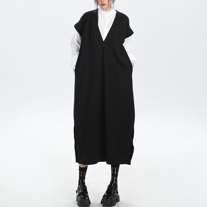 BLACK V-NECK FRENCH SLEEVES MIDI VEST DRESS 1color M-14570