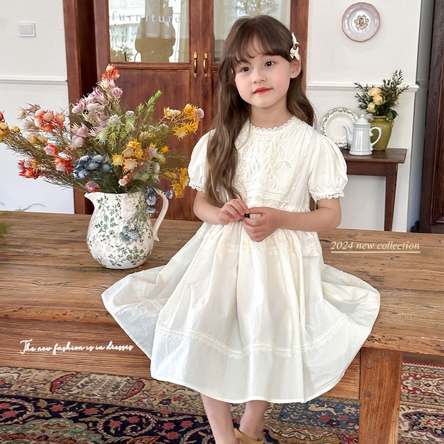 「予約」90-160cm　2024 夏　ホワイト　プリンセスドレス　女の子　半袖ドレス