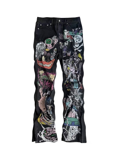 【CinderVein】Demon Skull Graffiti Print Flare Denim Pants