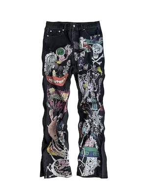【CinderVein】Demon Skull Graffiti Print Flare Denim Pants