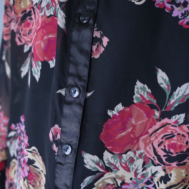 "sheer×satin" switching design beautiful flower pattern over silhouette see-through shirt