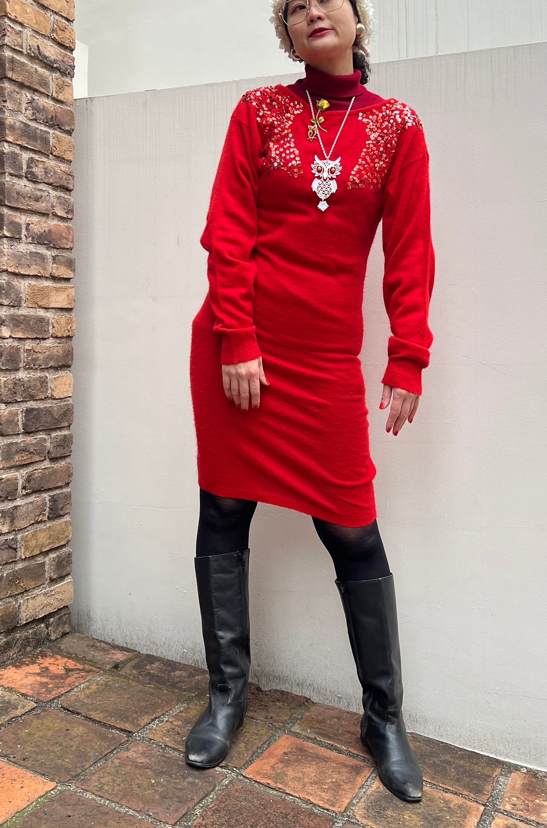 80s red × spangle knit dress ( ヴィンテージ レッド ニットワンピース )