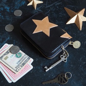 Key Wallet [Key Case + Mini Wallet] (Star Patchwork/Black) Genuine Leather Compact