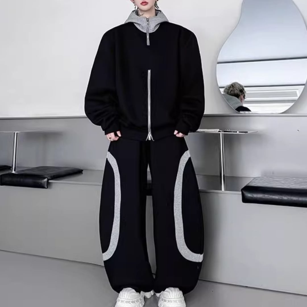 コントラストカラーステッチジッパーパーカー&ワイドレッグパンツセットアップ 2カラー D11930