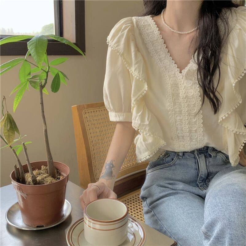 スタンダードVネックシャツ サマー刺繍トップス レトロ 夏物 萌量不足59937642704