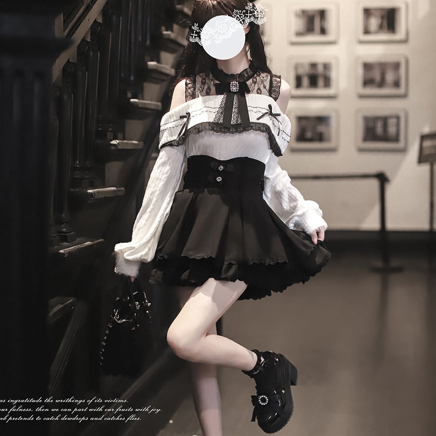 量産型 控えめ ブラウス お嬢様 フリル オープンショルダー  ロリィタ 胡桃木