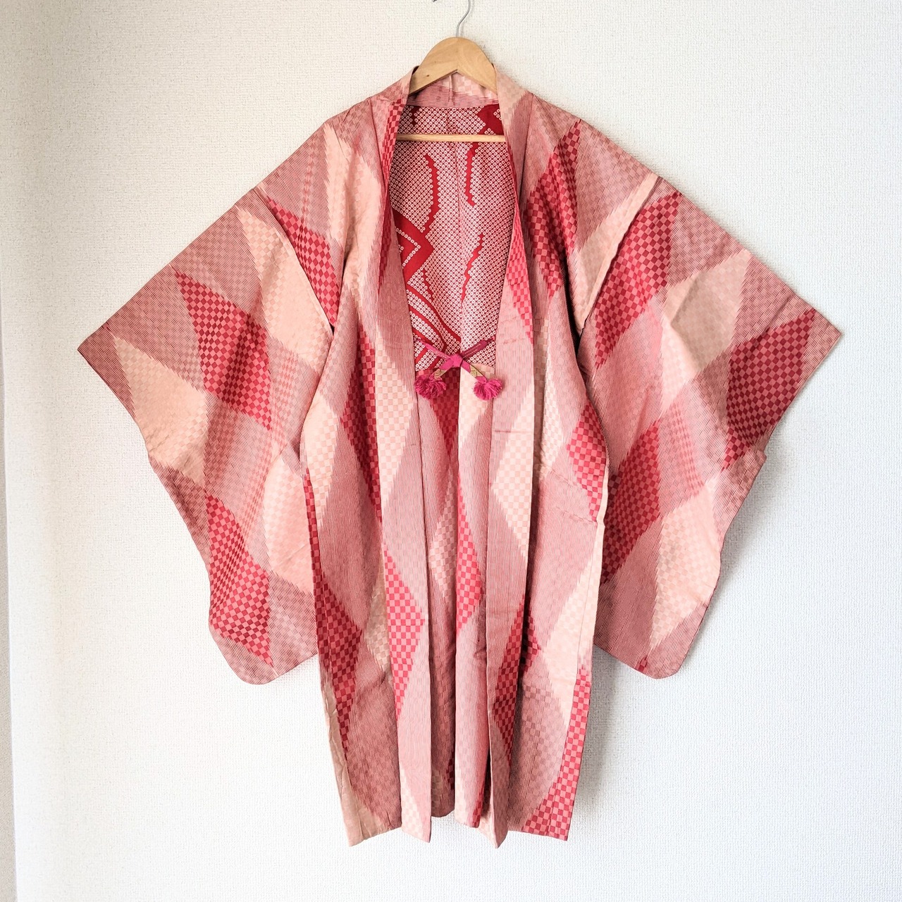 Vintage】HAORI 長羽織 羽織 正絹 赤系 菱型 格子模様 シルク 大正浪漫 