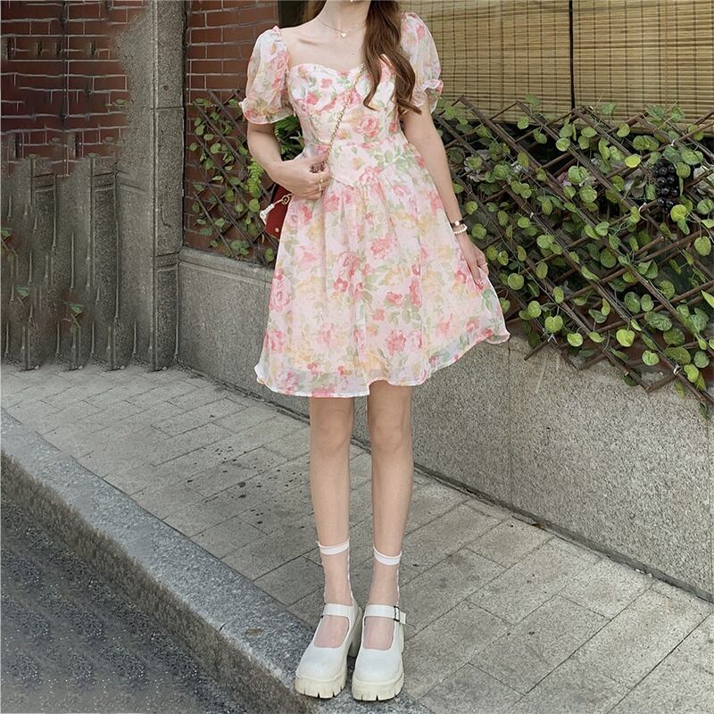 フローラルスカート スリーブ半袖ドレス サマー薄手ウェスト ショート ハーフスリーブ 夏物 花柄 萌量不足85711910828