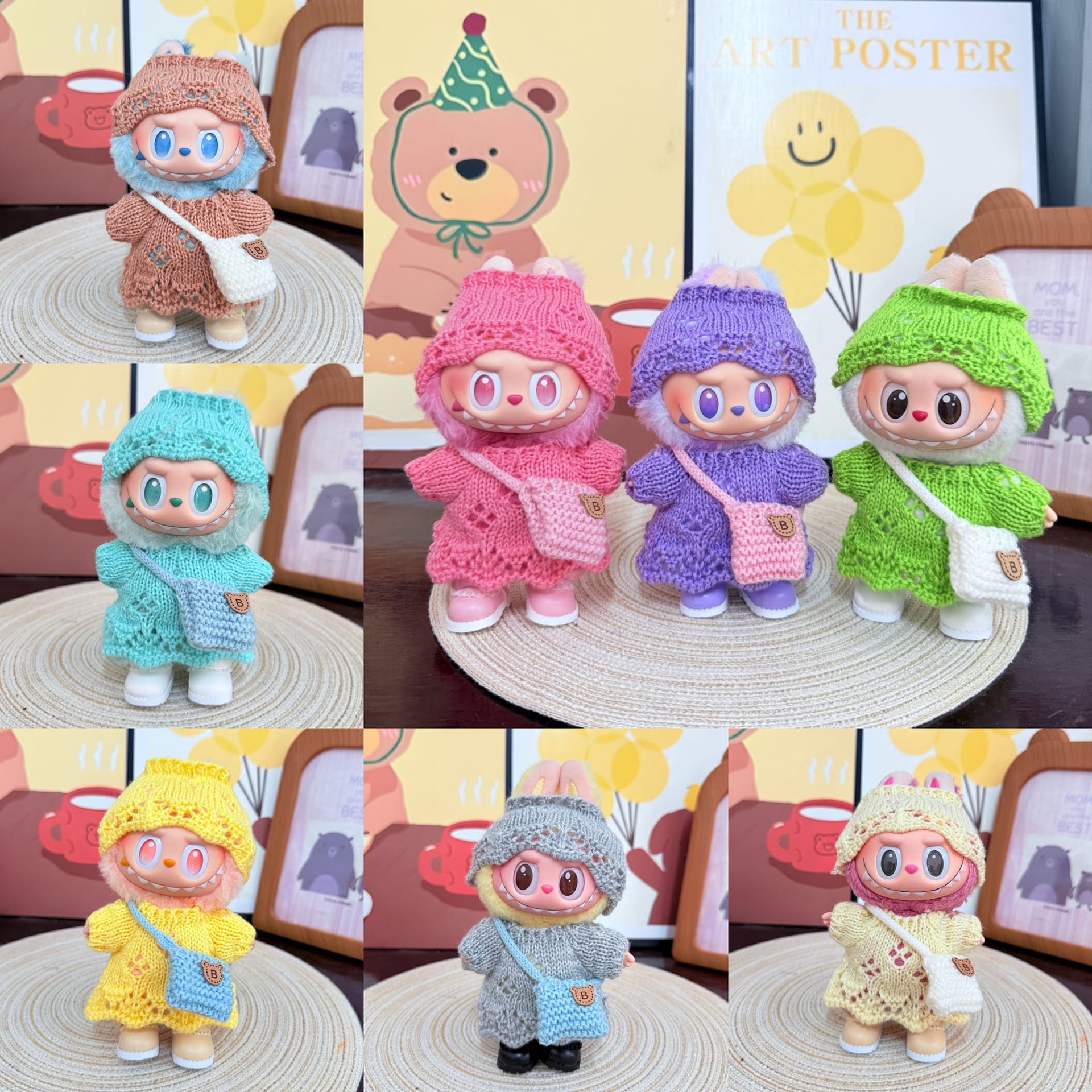 Labubu 1-3世代対応 かわいい ニットワンピース+帽子+バッグ ラブブ