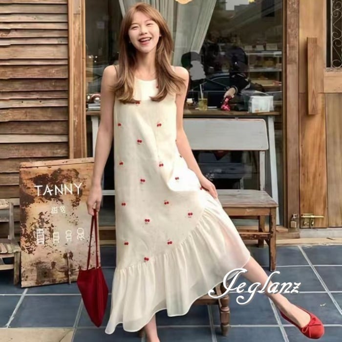 さくらんぼ 刺繍 ティアード サマードレス アシメ ノースリーブ さくらんぼ 刺繍 ティアード サマードレス アシメ ノースリーブ