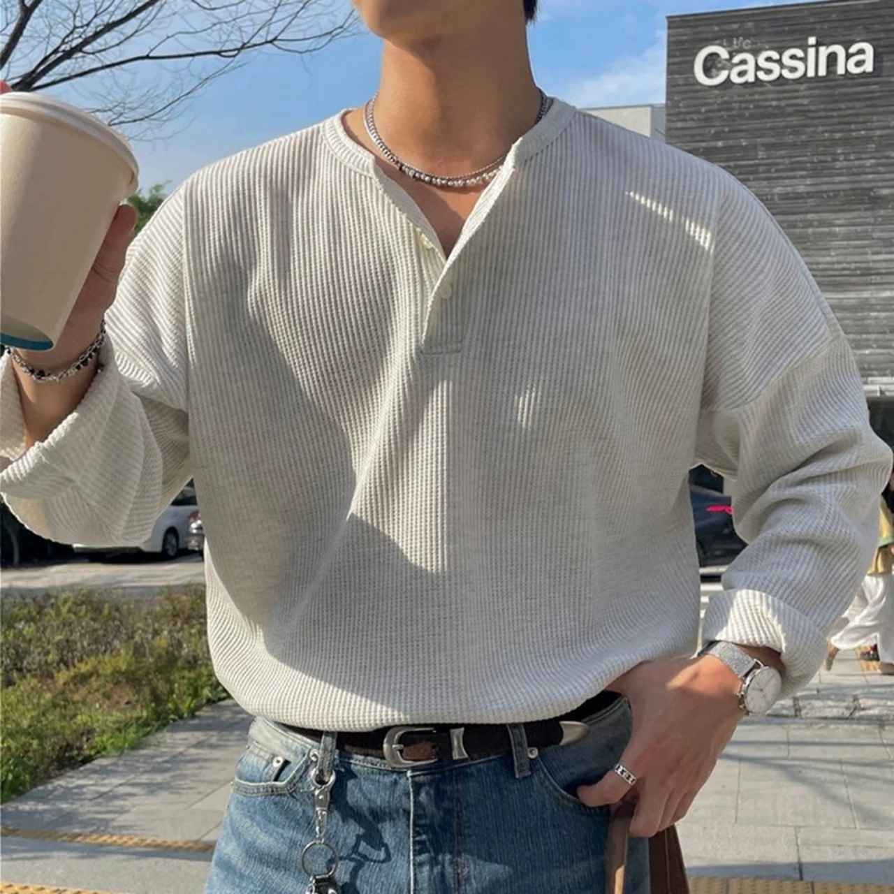 ヘンリーネックシンプルリブロングTシャツ　1280