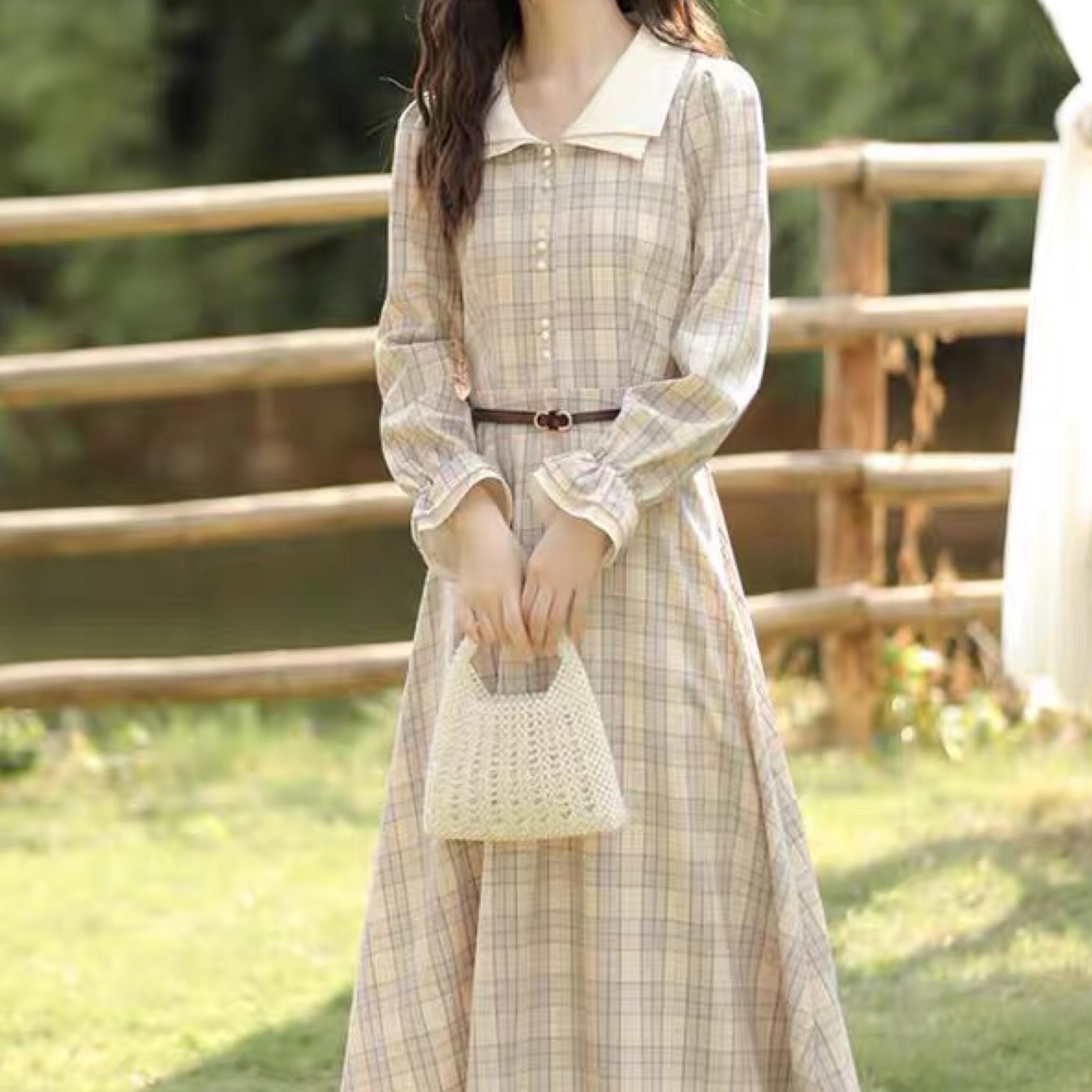 フレンチレトロ ウエストベルト付きチェックワンピース A09 Retro N